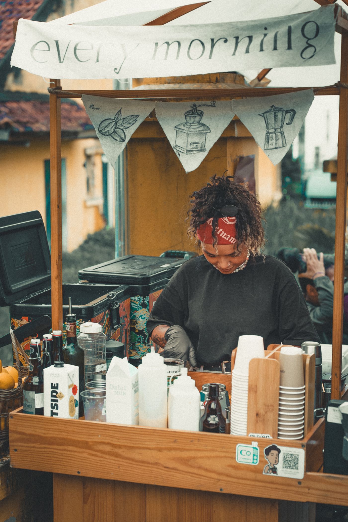 Coffee cart set up at an outdoor weekend market